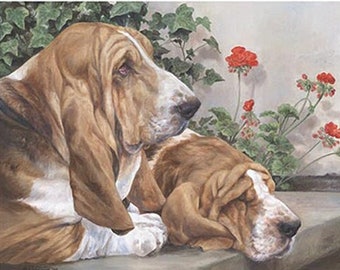 BASSET HOUNDS limited edition giclee dog art print 'A Restful Afternoon'