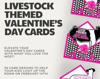 Livestock Themed Valentine&#39;s Day Cards - PNG  | 30 Designs Included | Show Cow Show Swine Show Lamb Show Goat Show Rabbit Chicken | PINK |