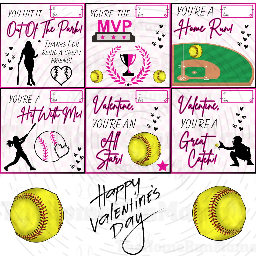 Softball Valentine's Day Cards Set of 6 Styles to Share the Love PNG