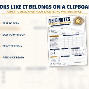 May include: A white paper form titled FIELD NOTES PLAYER EVALUATION with blue and gold text and graphics. It features a baseball glove and ball illustration, sections for player details, skill evaluation, and notes, with checkmarks and text.