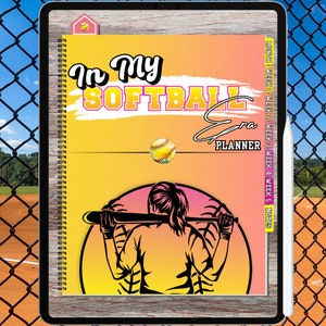May include: A yellow and pink planner with the text "In My Softball Era Planner" and a graphic of a softball player. The planner has a spiral binding and a section for each month and week.
