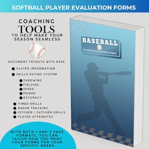 Puede incluir: Un gráfico azul y blanco con el texto "Coaching Tools" y "Baseball Player Evaluation Forms". El gráfico presenta una pelota de béisbol y una silueta de un jugador de béisbol bateando. El texto "Document Tryouts with Ease" también se incluye, junto con una lista de categorías de evaluación de jugadores.