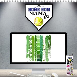 May include: A computer monitor displaying a digital design of green and white stripes. The design is abstract and resembles brushstrokes. The monitor is on a desk with a tumbler and a keyboard. The tumbler is white with a green, black, and pink design and the text "Home Run Mama".