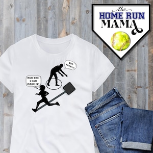 May include: White t-shirt with a black silhouette of a baseball player running with a bat and another player saying "Get Back!" in a speech bubble. The text "Nah Bro, I can make it!" is also on the shirt.