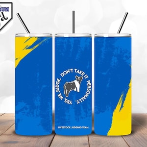 Show Swine Tumbler Wrap PNG | Grunge Style with Show Pig and Bold Judging Message | Swine Judging | Blue Yellow Tumbler Wrap | Yes We Judge