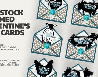 Livestock Themed Valentine&#39;s Day Cards - PNG  | 30 Designs Included | Show Cow Show Swine Show Lamb Show Goat Show Rabbit Chicken | Teal