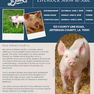 Plantilla digital CANVA: Carta del comprador de 4-H FFA (editable) / Venta de feria ganadera / Expositor de ganado / Agradecimiento al comprador / Reserva la fecha