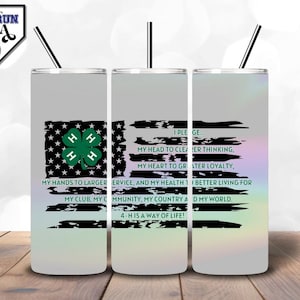 May include: Three stainless steel tumblers with a 4-H clover design and the 4-H pledge printed on them. The tumblers are iridescent and have a black and white American flag design.