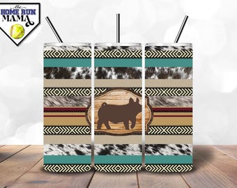 Show Pig | Show Swine | Livestock Exhibitor Tumbler Wrap PNG | Aztec & Cowhide Design for Show Barn | 20oz + 30oz | Livestock Show Week