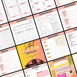 Op de afbeelding: Een roze en gele printbare planner voor softbalcoaches. De planner bevat secties voor teamuitgaven, uniformbestellingen, seizoens-tryouts, indoorlocaties en conditionering. De omslag toont een softbalspeler met een knuppel en de tekst "Softball Coach Season Planner".