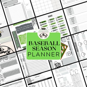 Könnte beinhalten: Ein grüner und weißer druckbarer Baseball-Saisonplaner mit einer Baseballfeldgrafik und dem Text "Baseball Season Planner".
