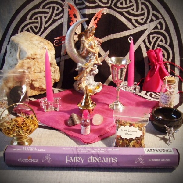 Fairy Altar Set Starter Fairy with Pink Wings on Silver Moon Gift Herb Kit Incense Chalice Candles Pagan Wicca Witch