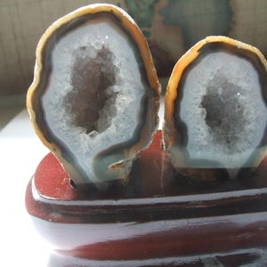 May include: Two geode halves with crystalline centers and concentric bands of white, gray, and brown, mounted upright on a polished dark reddish-brown wooden display stand. The stones feature rough, sparkling interiors and smooth, layered outer edges.