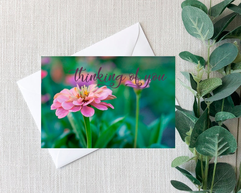 Greeting Card Thinking of You Blank Note Card, Zinnia Nature image 1