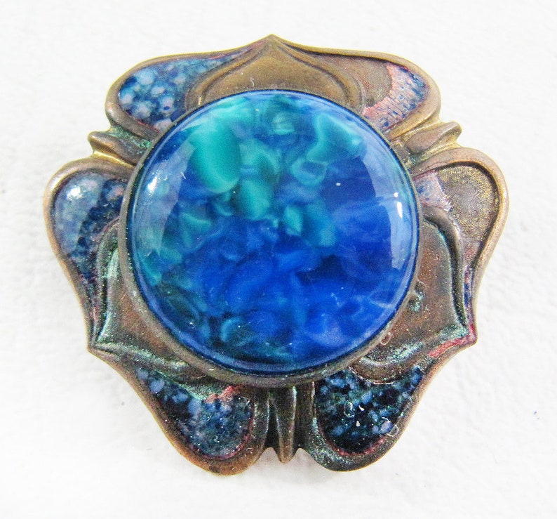 Vintage Art Nouveau Enamel Over Copper Pin Brooch