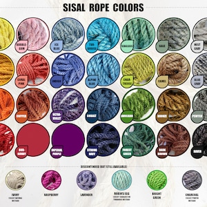 May include: A chart showing different colors of sisal rope. The rope is arranged in a grid with each color having its own circle. The colors include citrus yellow, bubble gum, ice blue, turquoise, seaglass, sage, mist gray, deep yellow, coral pink, indigo, alpine blue, char treuse, camel, blue gray, deep orange, copper, ultra violet, cobalt, avocado, bronze, pewter, chinese red, gundy, imperial purple, strong navy, forest green, dark brown, raven, ivory, raspberry, lavender, robin's egg, bright green, and charcoal.