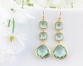 Long Bridesmaid Earrings, Aquamarine Gold Earrings, Mothers Day Gift, Wedding Earrings, Earrings for Mom, Bridesmaid Earrings, Gift for Her