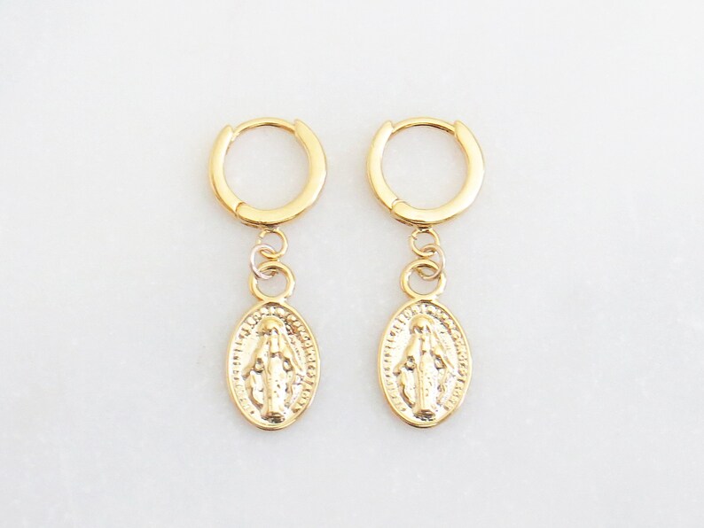 Gold Virgin Mary Earrings Gold Hoop Earrings Tiny Hoop Etsy