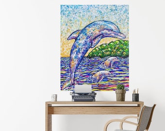 Dolphin Ocean painting, Aquatic Art Wall Decor,  Print Matted or Large Canvas, dolphins Jumping Beach, Original Acrylic Art Holly Glenn