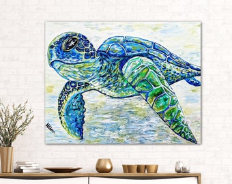 Sea Turtle painting, Aquatic Art Wall Decor, Sea Turtle Print Matted or Large Canvas, Sea Turtle Wall Art, Original Acrylic Art Holly Glenn