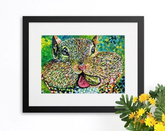 Squirrel painting matted print; chipmunk Art; Funny Squirrel Print; Squirrel Giclee; Matted Art Print Animals Large Canvas Artwork