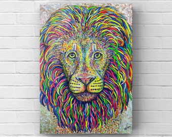 Lion painting , color lion art print, large canvas or matted giclee, acrylic animal art, lion wall decor, rainbow, Art by Holly Glenn