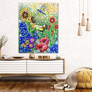 Flowers, butterfly, bee, dragonfly painting, colorful acrylic bluebonnet art, big canvas garden  matted print, flowers insects wall decor