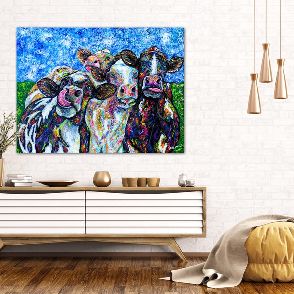 Colorful Cows painting, Jersey cow art print large or small canvas, happy artwork farm animal decor funny pointillism giclee, nursery animal