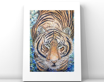 Tiger painting matted print original art- original tiger artwork- bright tiger painting-vibrant animal art- pointillism