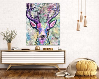 Deer painting, colorful deer art, large canvas or matted print, forest animal wall decor, acrylic pointillism deer artwork by Holly Glenn