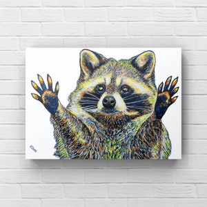 Raccoon painting, art by Holly Glenn, matted print or large canvas decor, artwork- bright animal trash panda, acrylic abstract colorful