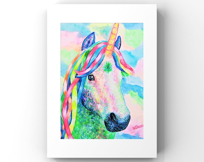 Unicorn painting, unicorn print wall art, Large canvas or Matted print, acrylic rainbow unicorn artwork, nursery girl’s room wall decor