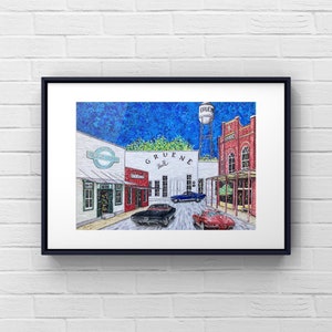 Gruene Texas Art Print- Texas Cities Gruene Hall Small Town Painting- bright Texas art -classic cars new branfels- impressionism city scene