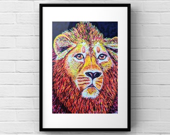 Lion painting , color lion art print, large canvas or matted print, acrylic animal art, lion wall decor, Art by Holly Glenn