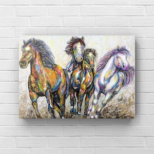 Pintura de cavalos, arte de cavalo correndo, impressão fosca ou decoração em tela grande, obra de arte - pintura de pônei brilhante - arte, acrílico abstrato colorido