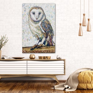 Owl painting, colorful owl art, owl on large canvas or matted print, acrylic pointillism art, owl wall decor
