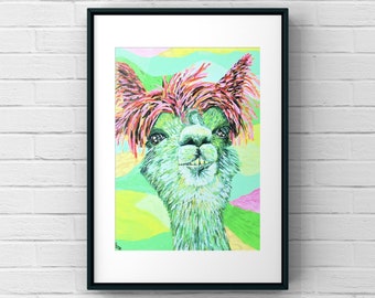 Colorful Alpaca painting, original llama art, funny animal artwork, alpaca reproduction print, green pink, matted or large canvas
