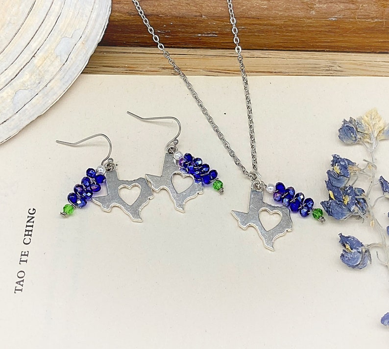 Silver Texas Bluebonnet Charm Iridescent Earrings and/ or Necklace Set stainless steel chain Texas Bluebonnet Earrings Bluebonnet Necklace image 3