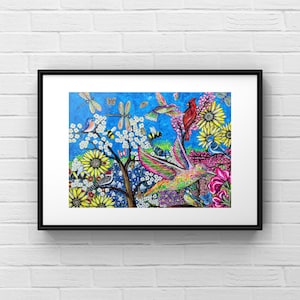 Cardinals, Flowers, butterfly, bee, dragonfly painting, colorful acrylic bluebonnet art, big canvas garden  matted print, insects wall decor
