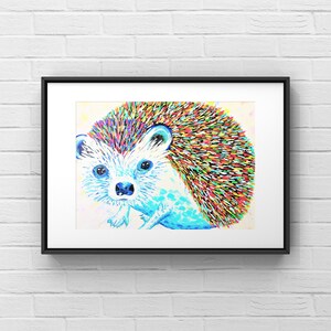 Hedgehog painting, colorful hedgehog art print on large canvas or matted paper, Acrylic pointillism reproduction wall decor, hedgehog giclee