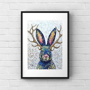 Jackalope painting,  colorful acrylic pointillism art, big canvas jackalope and / or matted print, mythical animal wall decor