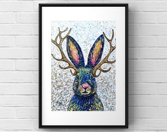 Jackalope painting,  colorful acrylic pointillism art, big canvas jackalope and / or matted print, mythical animal wall decor