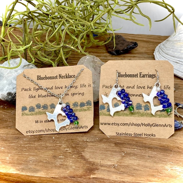 Zilveren Texas Bluebonnet Charme Iriserende Oorbellen en / of Ketting Set roestvrij stalen ketting Texas Bluebonnet Oorbellen Bluebonnet Ketting