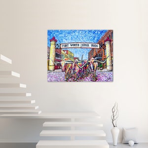 Fort Worth Texas Art Fort Worth Stockyards Texas Painting-Large Canvas bright longhorn art Acrylic Giclee image 3