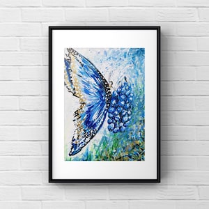 Flowers, butterfly painting, colorful acrylic bluebonnet art, big canvas garden  matted print, flowers insects wall decor