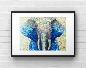 Elephant painting, colorful blue elephant art, big canvas or matted print- vibrant reproduction- original art, elephant wall decor Giclee