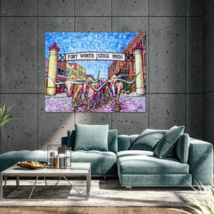 Fort Worth Texas Art Fort Worth Stockyards Texas Painting-Large Canvas bright longhorn art Acrylic Giclee image 5
