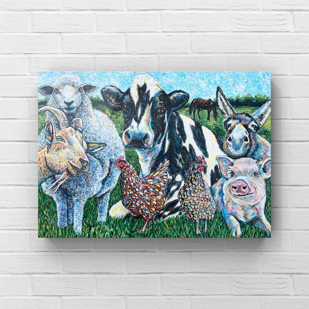 Colorful Farm Animal Painting, Cow Goat Sheep Pig Chicken Art Print