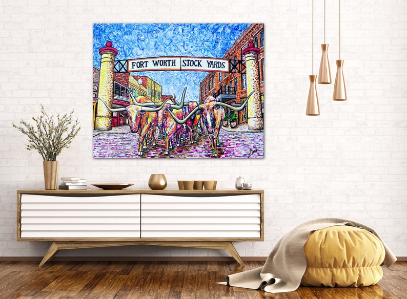 Fort Worth Texas Art Fort Worth Stockyards Texas Painting-Large Canvas bright longhorn art Acrylic Giclee image 1