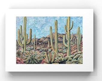 Desert Art, Southwest Painting, Large Canvas or Matted Print, Acrylic Cactus Wall Decor colorful Pointillism